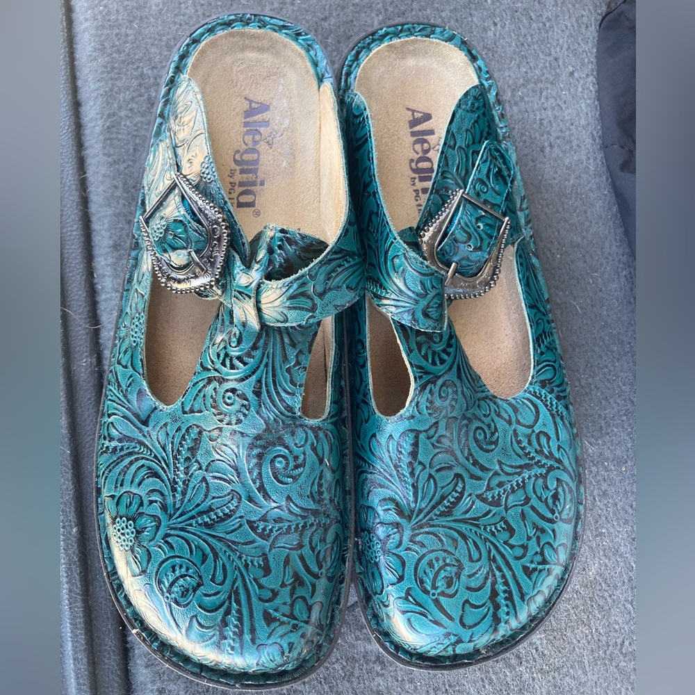 Alegria Blue Mules Comfort Clogs with Embossed Design